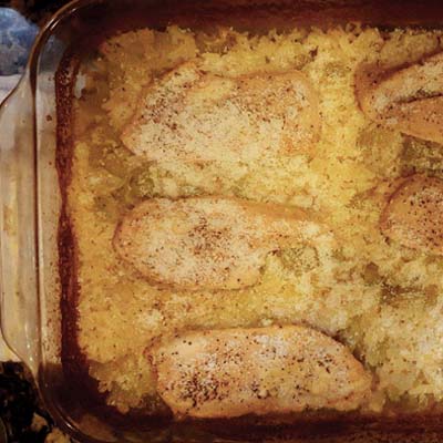 Chicken and Rice in glass pan