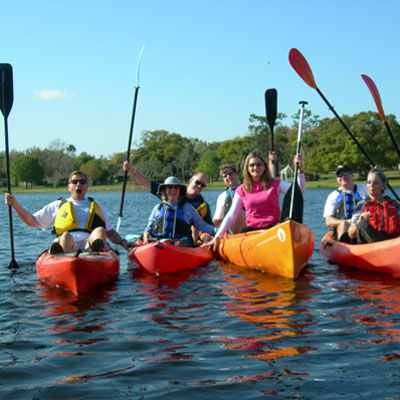 Group kayaking on the river